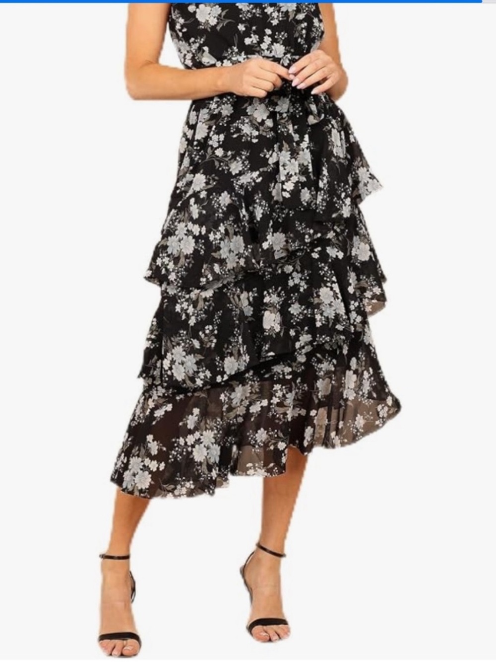 dressbarn Black & White Floral Tiered Midi Dress with Waist Tie